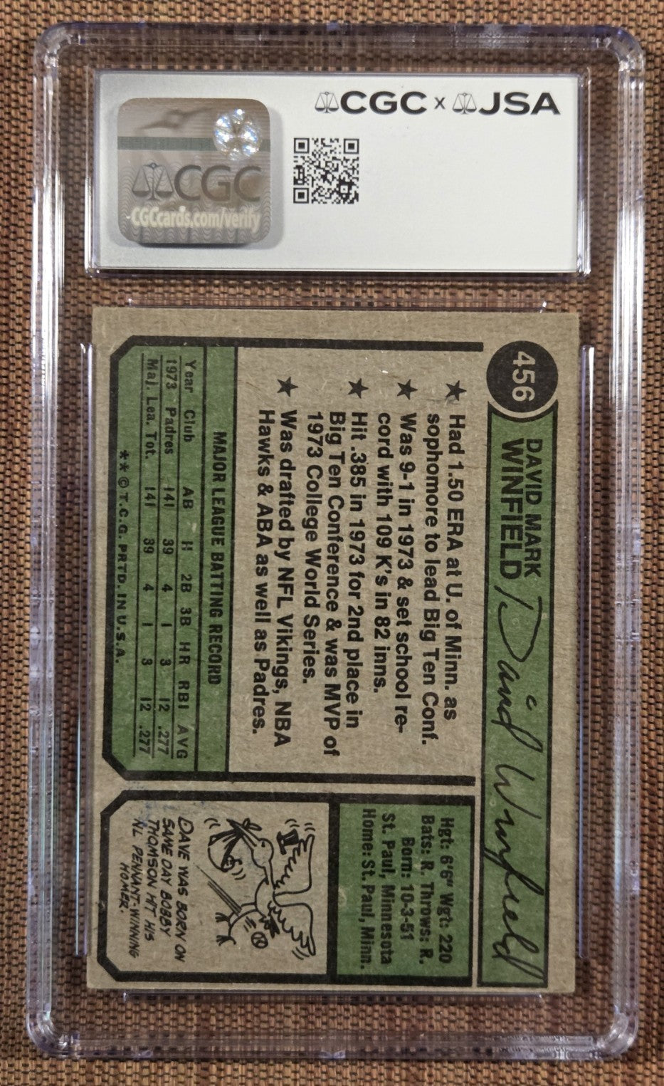 1974 Topps #456 Dave Winfield Padres Rookie Baseball Card CGC 5 / JSA 9 AUTO RC1