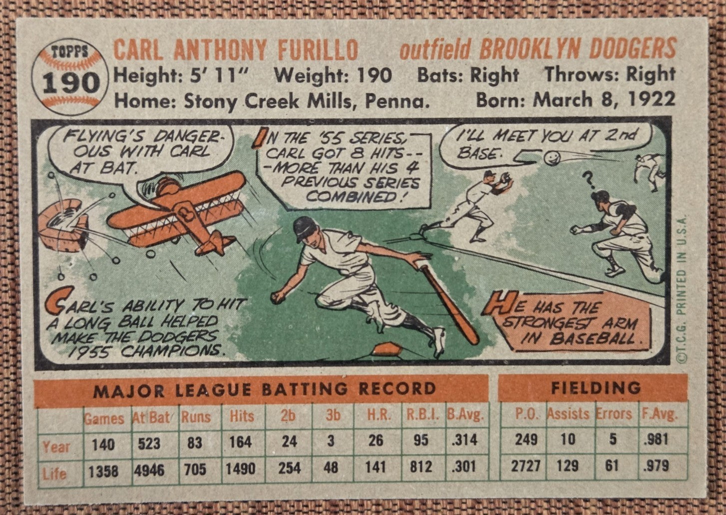 1956 Topps #190 Carl Furillo Brooklyn Dodgers Authentic Original Baseball Card5