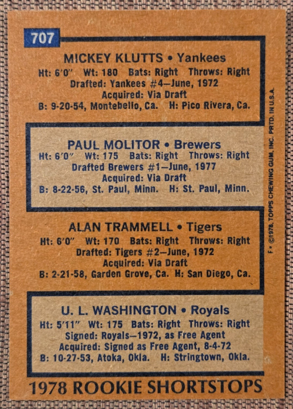 1978 Topps #707 Paul Molitor Alan Trammel Brewers Rookie Baseball Card HOF RC5