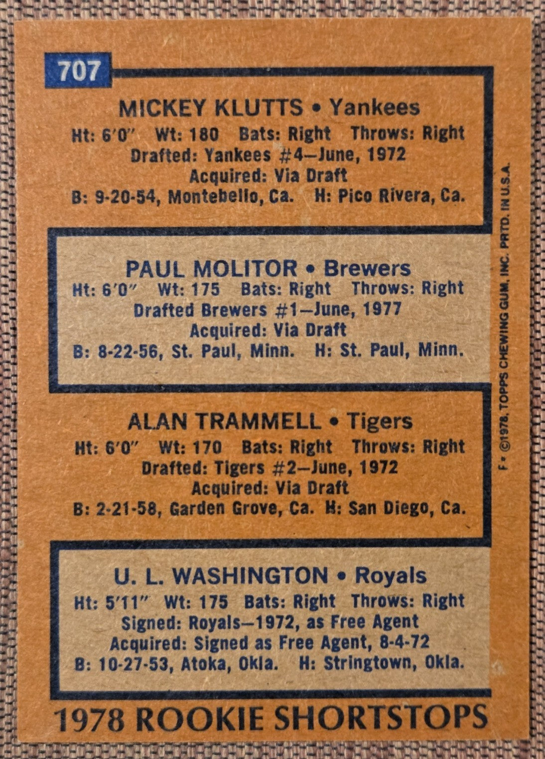 1978 Topps #707 Paul Molitor Alan Trammel Brewers Rookie Baseball Card HOF RC5