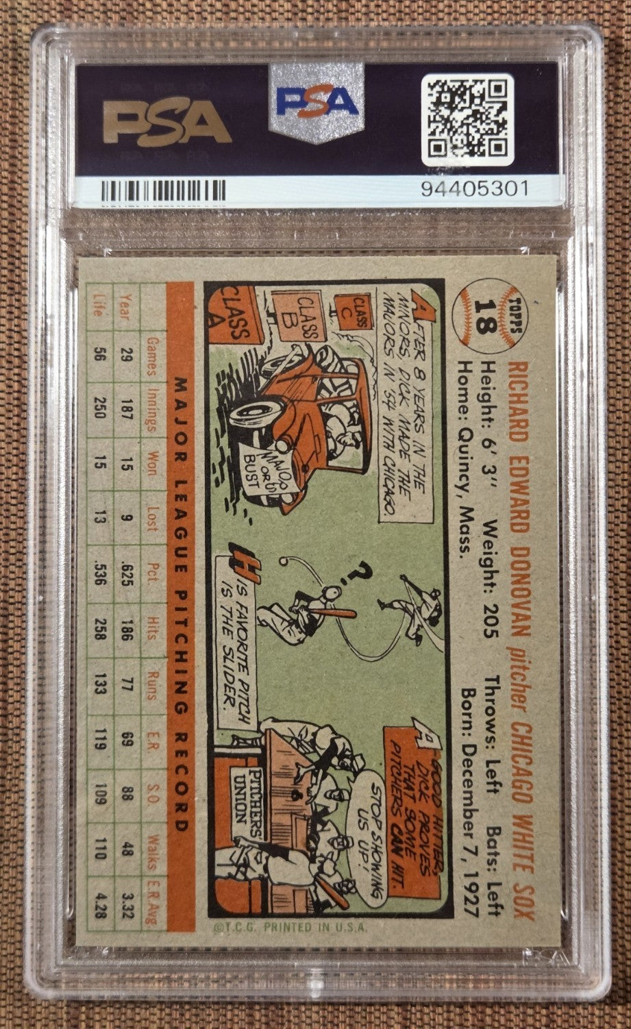1956 Topps Gray Back #18 Dick Donovan Chicago White Sox Baseball Card PSA 7 NM1