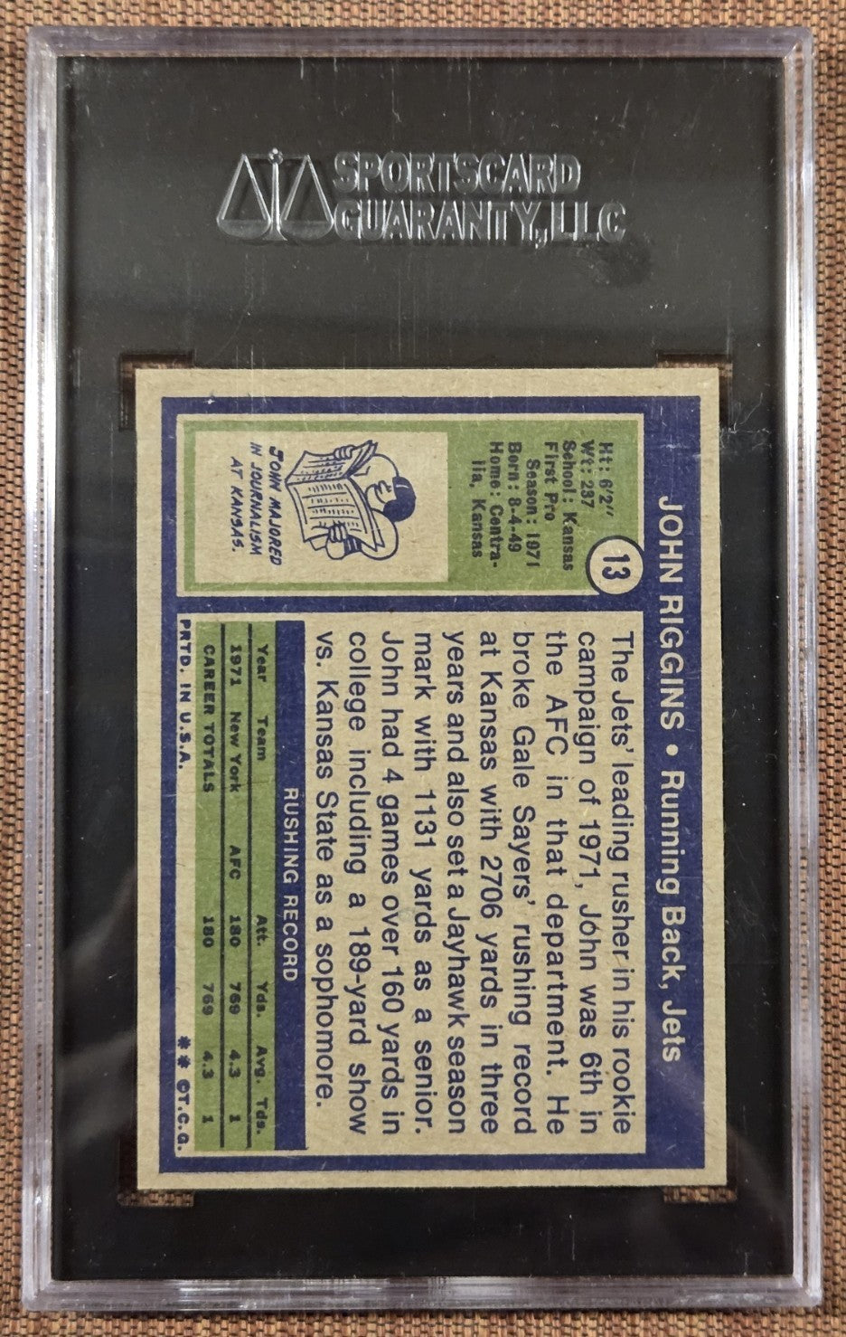1972 Topps #13 John Riggins New York Jets Rookie Football Card SGC 7 NM RC1