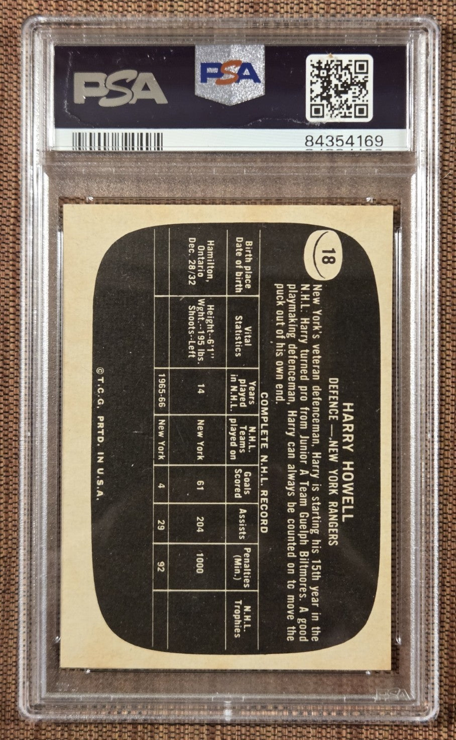 1966 Topps USA Test #18 Harry Howell New York Rangers Hockey Card PSA 6 EX/MT1