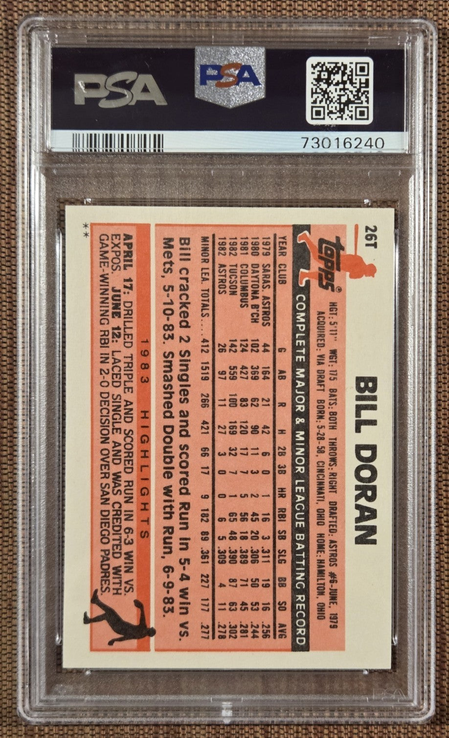 1983 Topps Traded #26T Bill Doran Astros Rookie Baseball Card PSA 9 Mint RC1