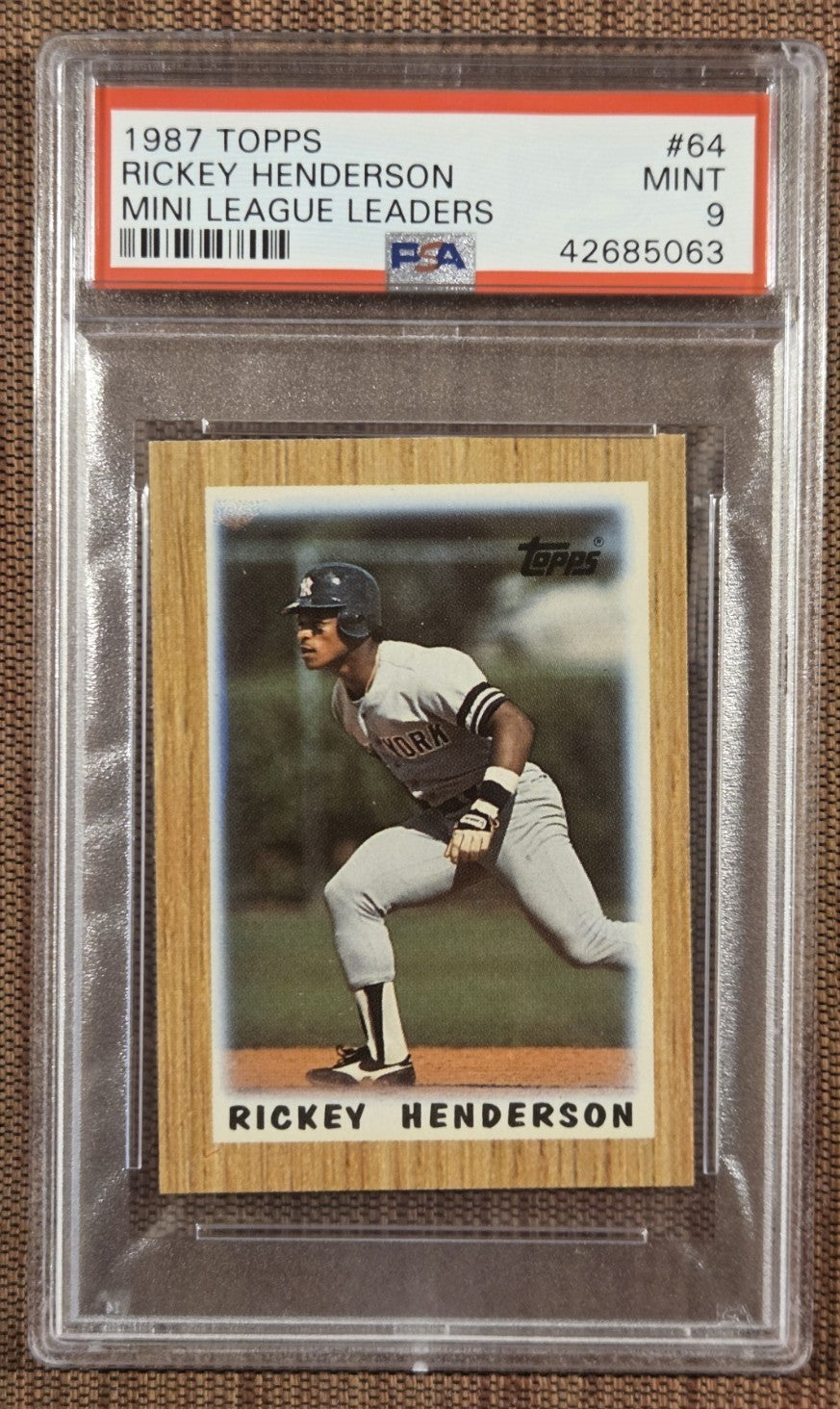 1987 Topps Mini #64 Rickey Henderson A's Yankees Baseball Card PSA 9 Mint HOF0