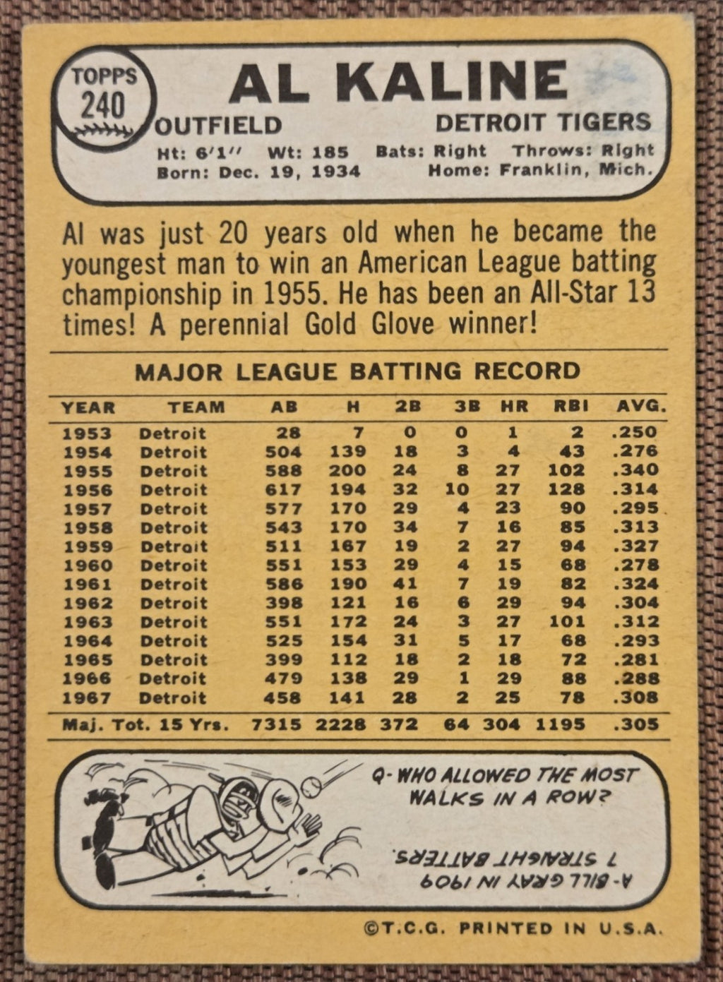 1968 Topps #240 Al Kaline Detroit Tigers Authentic Original Baseball Card HOF6