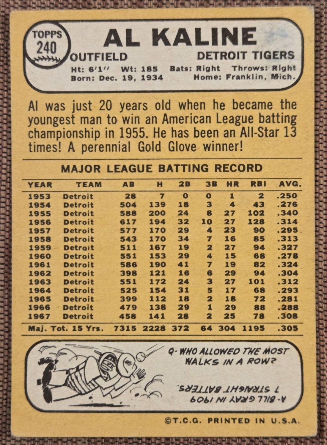 1968 Topps #240 Al Kaline Detroit Tigers Authentic Original Baseball Card HOF6