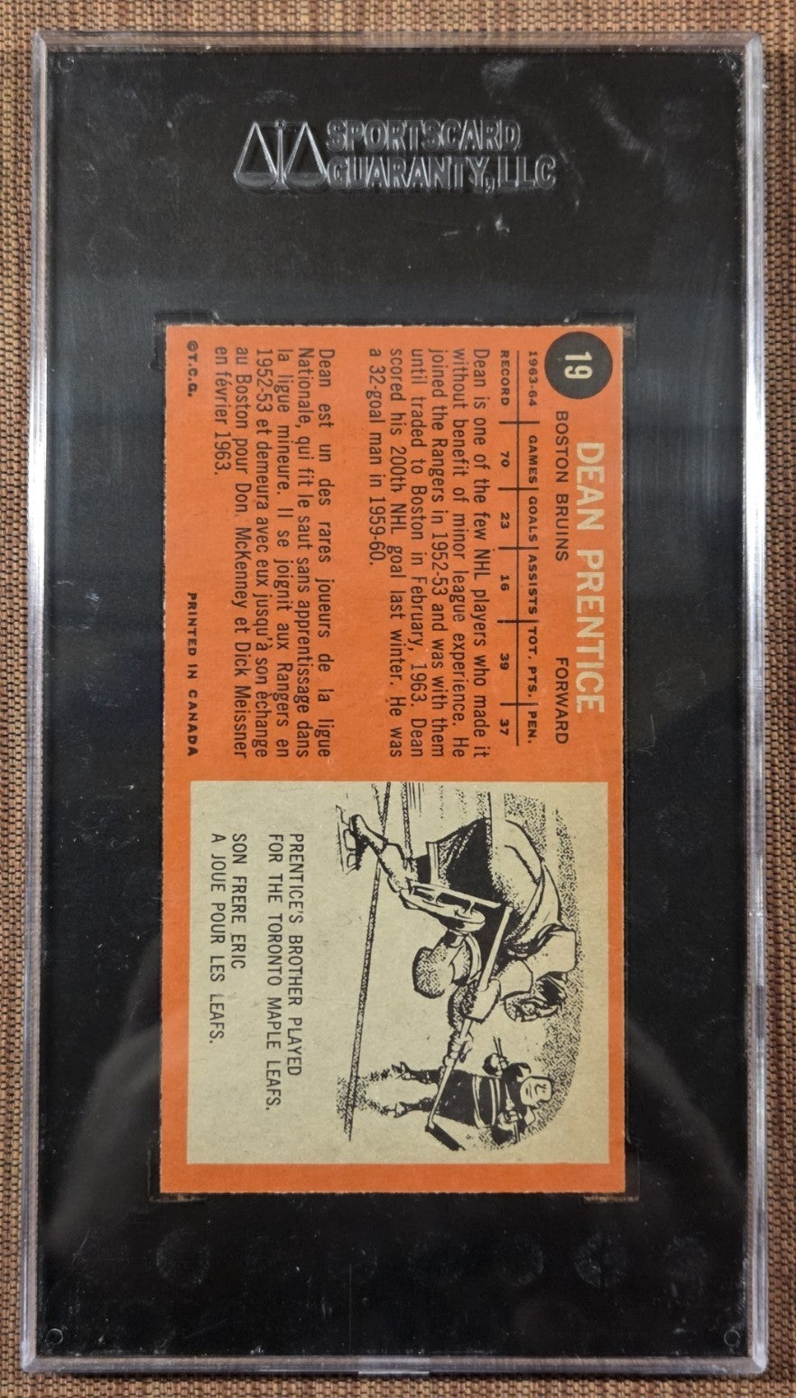 1964 Topps Tall Boy #19 Dean Prentice Boston Bruins Original Hockey Card SGC 81