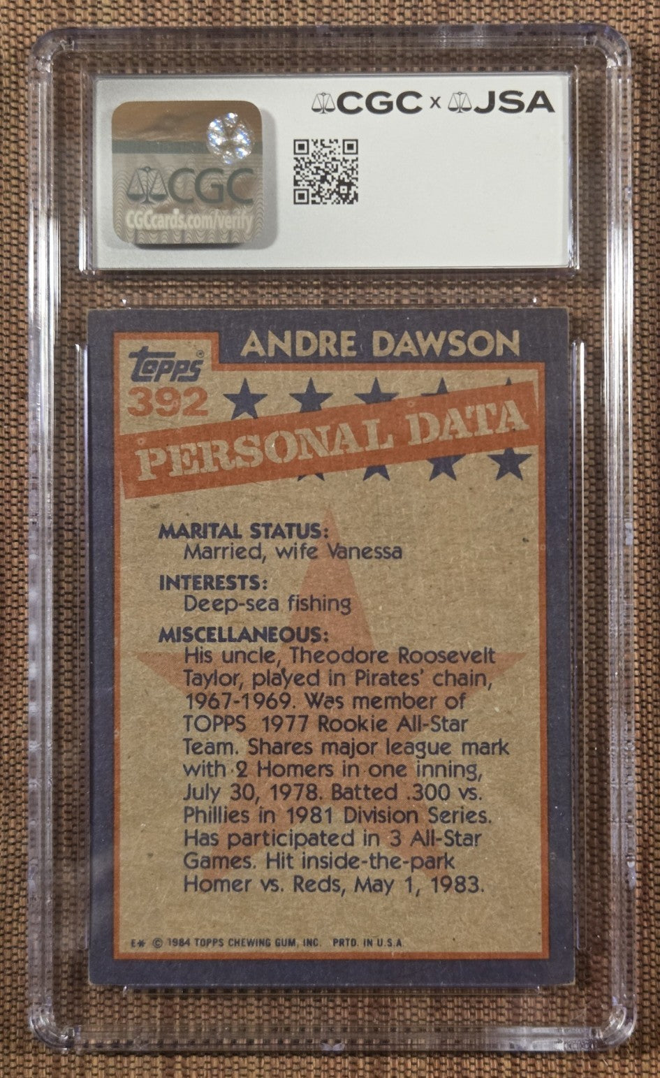 1984 Topps #392 Andre Dawson Montreal Expos Baseball Card CGC 6 /JSA 10 AUTO HOF1
