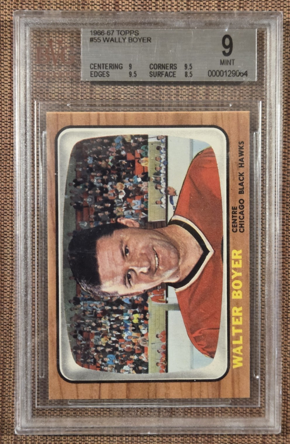 1966 Topps #55 Wally Boyer Chicago Blackhawks Rookie Hockey Card BVG 9 Mint RC0