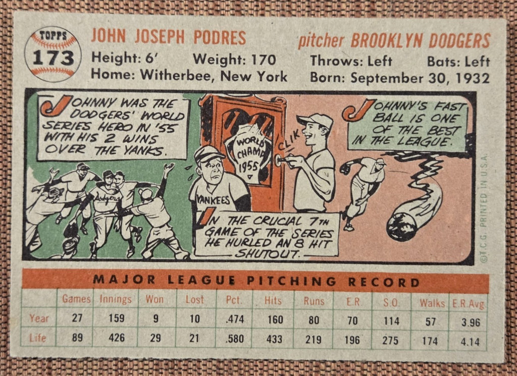 1956 Topps #173 Johnny Podres Brooklyn Dodgers Vintage Original Baseball Card5