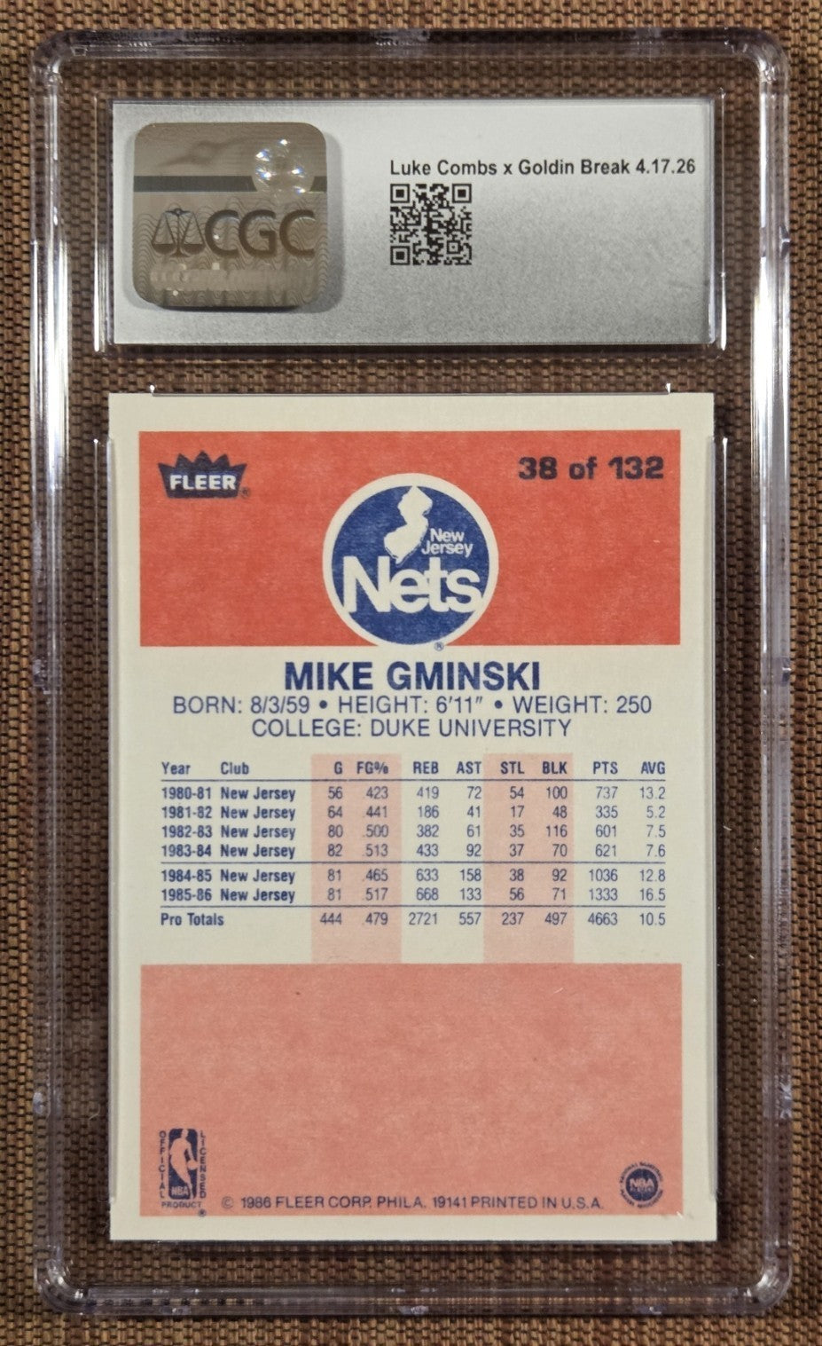 1986 Fleer #38 Mike Gminski New Jersey Nets Original Basketball Card CGC 7.5 NM+1