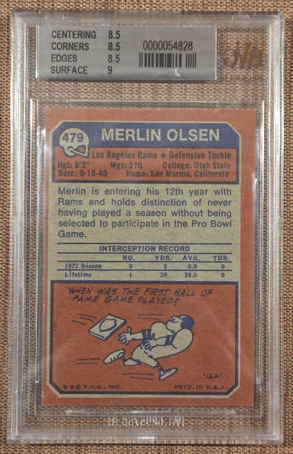 1973 Topps #479 Merlin Olsen Los Angeles Rams Original Football Card BVG 8.5 HOF1