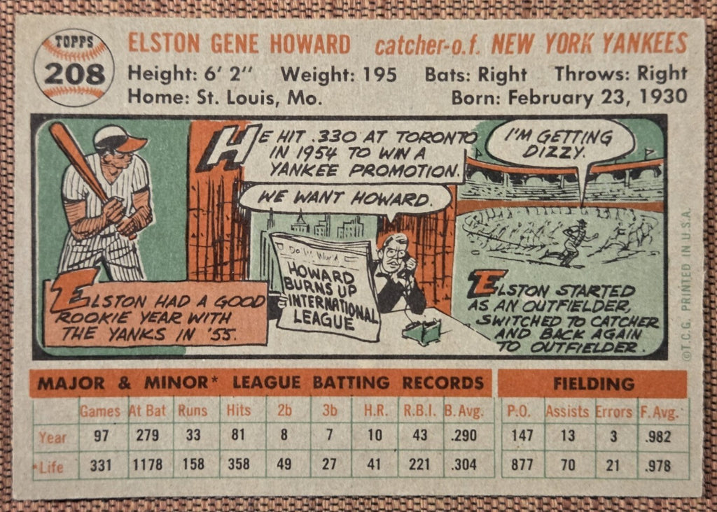 1956 Topps #208 Elston Howard New York Yankees Vintage Original Baseball Card5