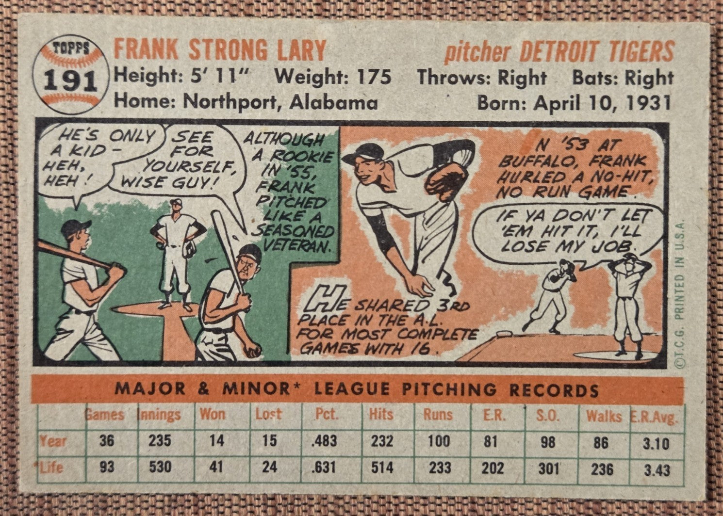1956 Topps #191 Frank Lary Detroit Tigers Authentic Original Baseball Card5