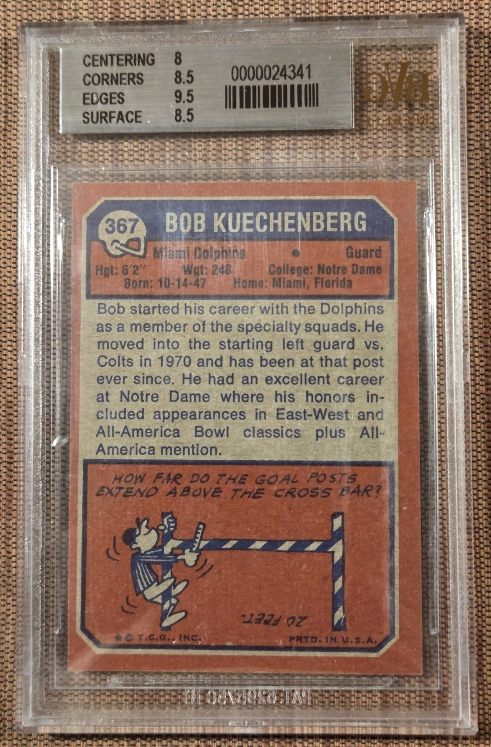 1973 Topps #367 Bob Kuechenberg Miami Dolphins Rookie Football Card BVG 8.5 RC1