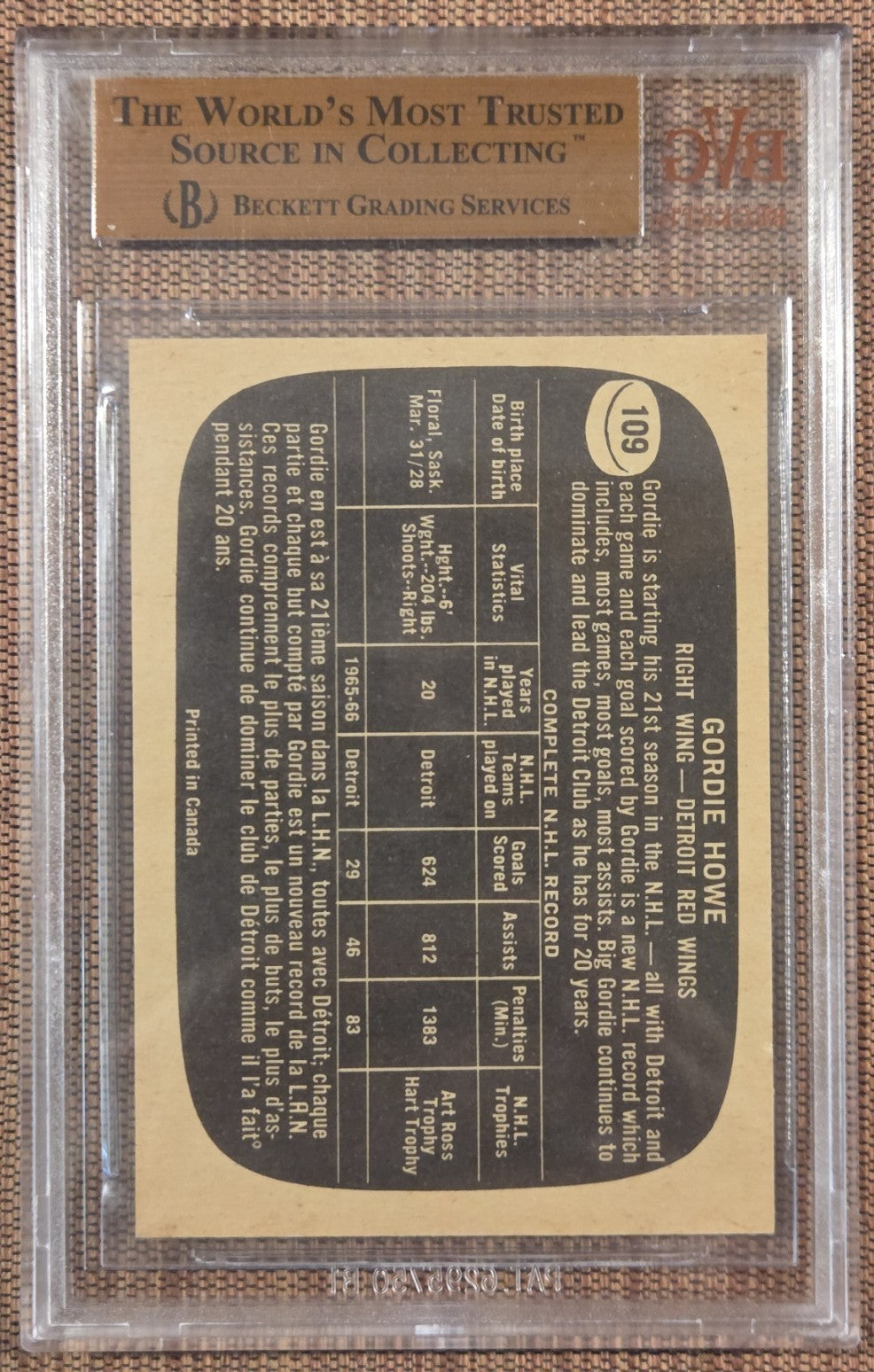 1966 Topps #109 Gordie Howe Detroit Red Wings Hockey Card BVG 7 NM HOF1