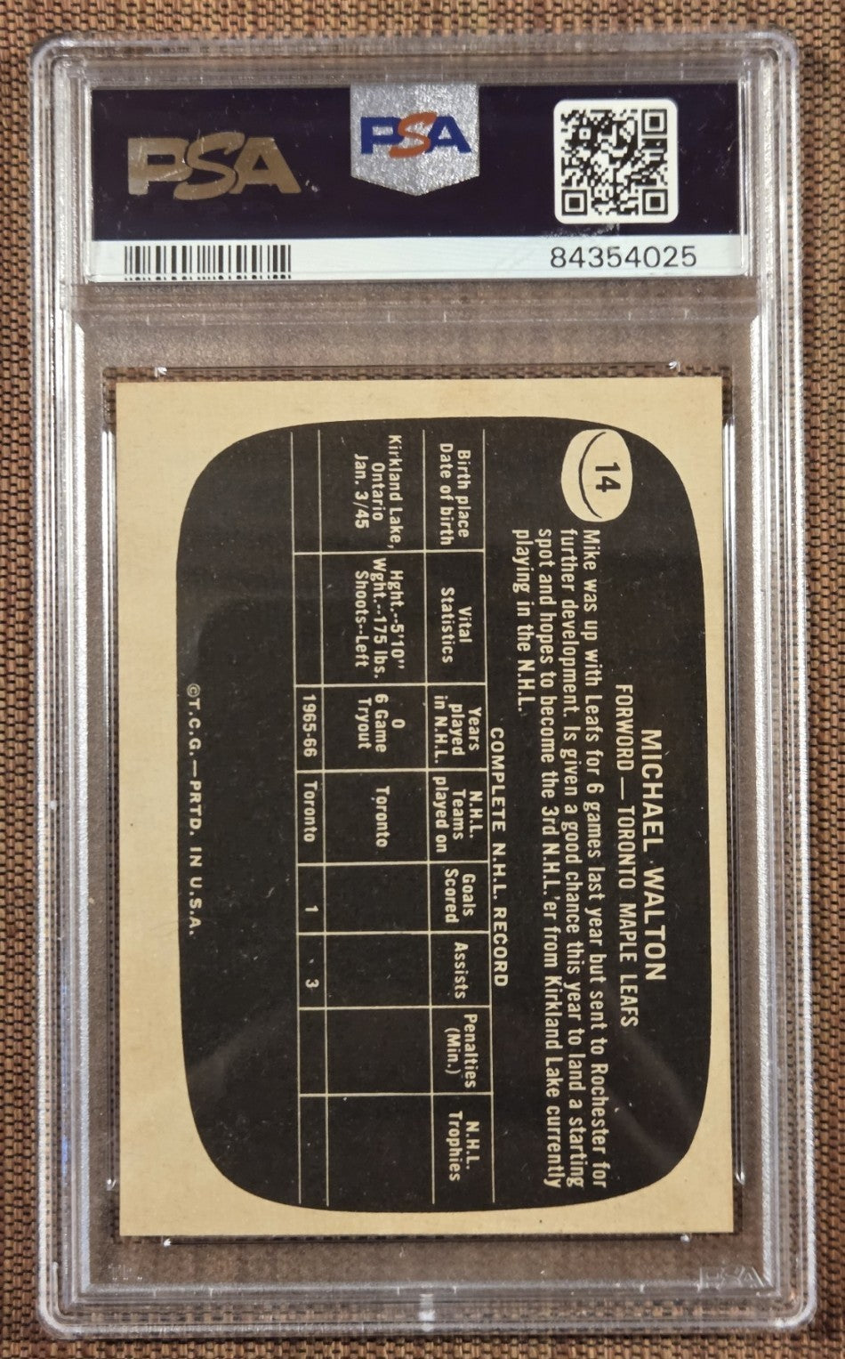 1966 Topps USA Test #14 Michael Walton Toronto Maple Leafs Hockey Card PSA 7 NM1