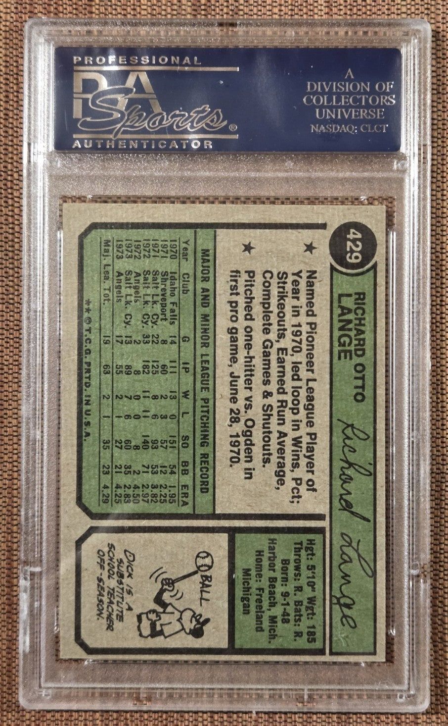 1974 Topps #429 Dick Lange California Angels Rookie Baseball Card PSA 7 NM RC1