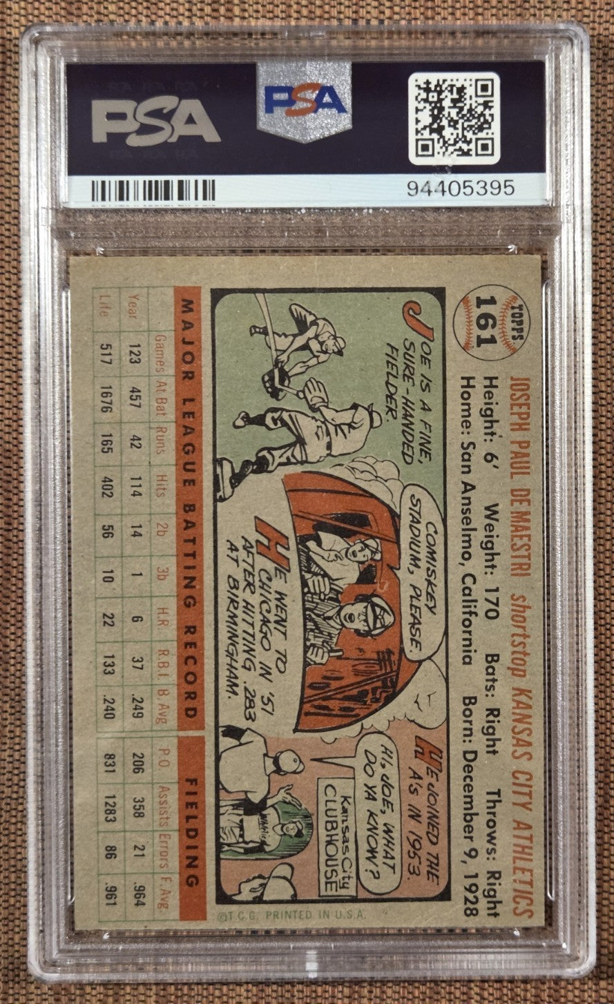1956 Topps #161 Joe DeMaestri Kansas City Athletics Original Baseball Card PSA 31