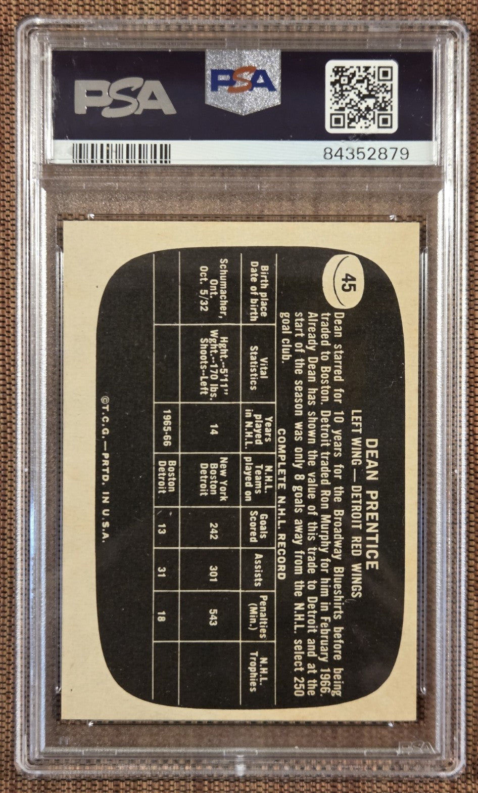 1966 Topps USA Test #45 Dean Prentice Detroit Red Wings Hockey Card PSA 6 EX/MT1