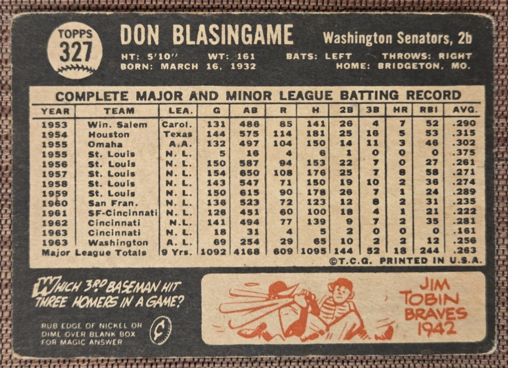 1964 Topps Venezuelan #327 Don Blasingame Washington Senators Baseball Card5