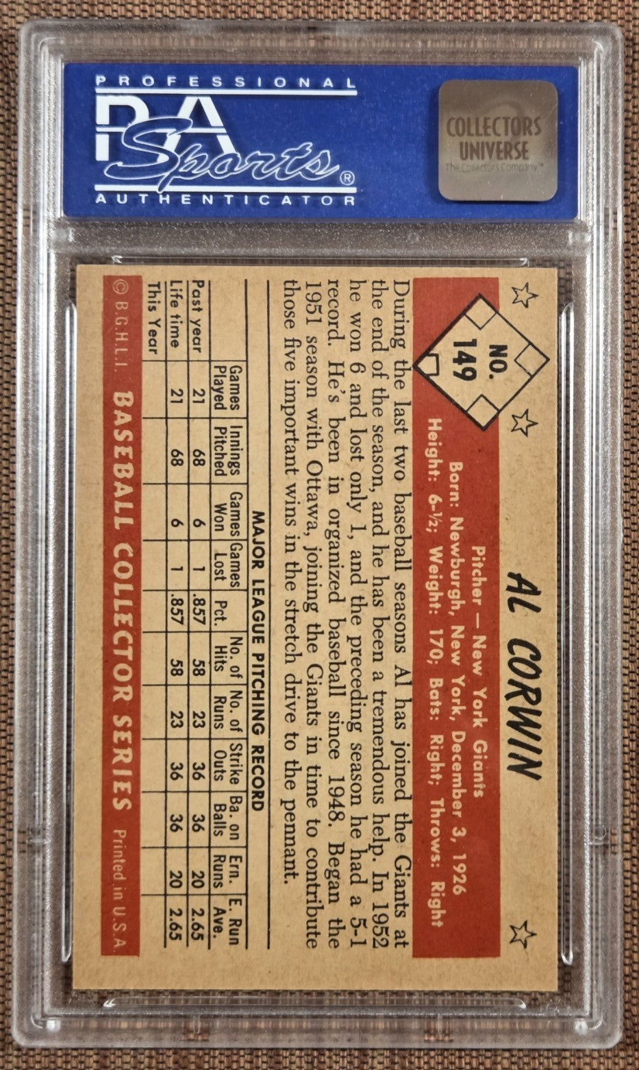 1953 Bowman Color #149 Al Corwin New York Giants Original Baseball Card PSA 61