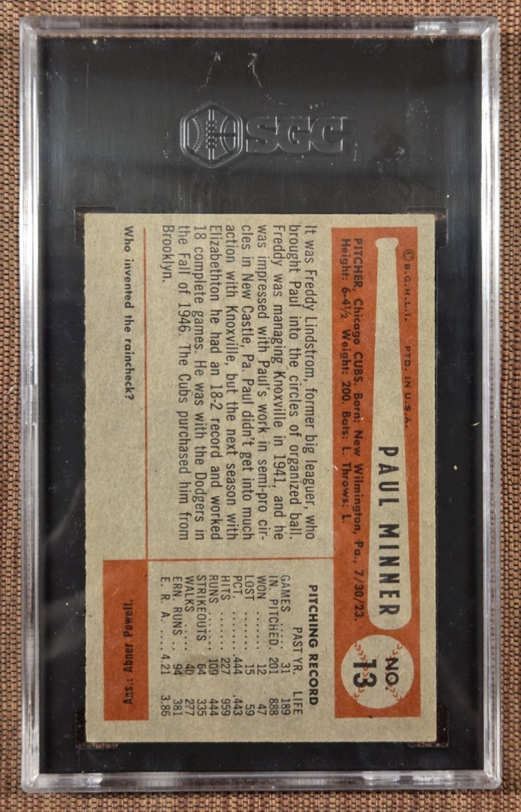 1954 Bowman #13 Paul Minner Chicago Cubs Original Baseball Card SGC 6 EX/MT1