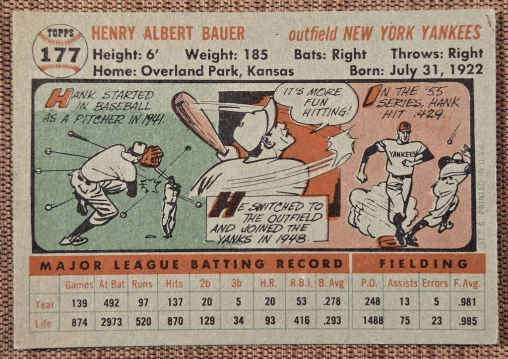 1956 Topps #177 Hank Bauer New York Yankees Authentic Original Baseball Card6