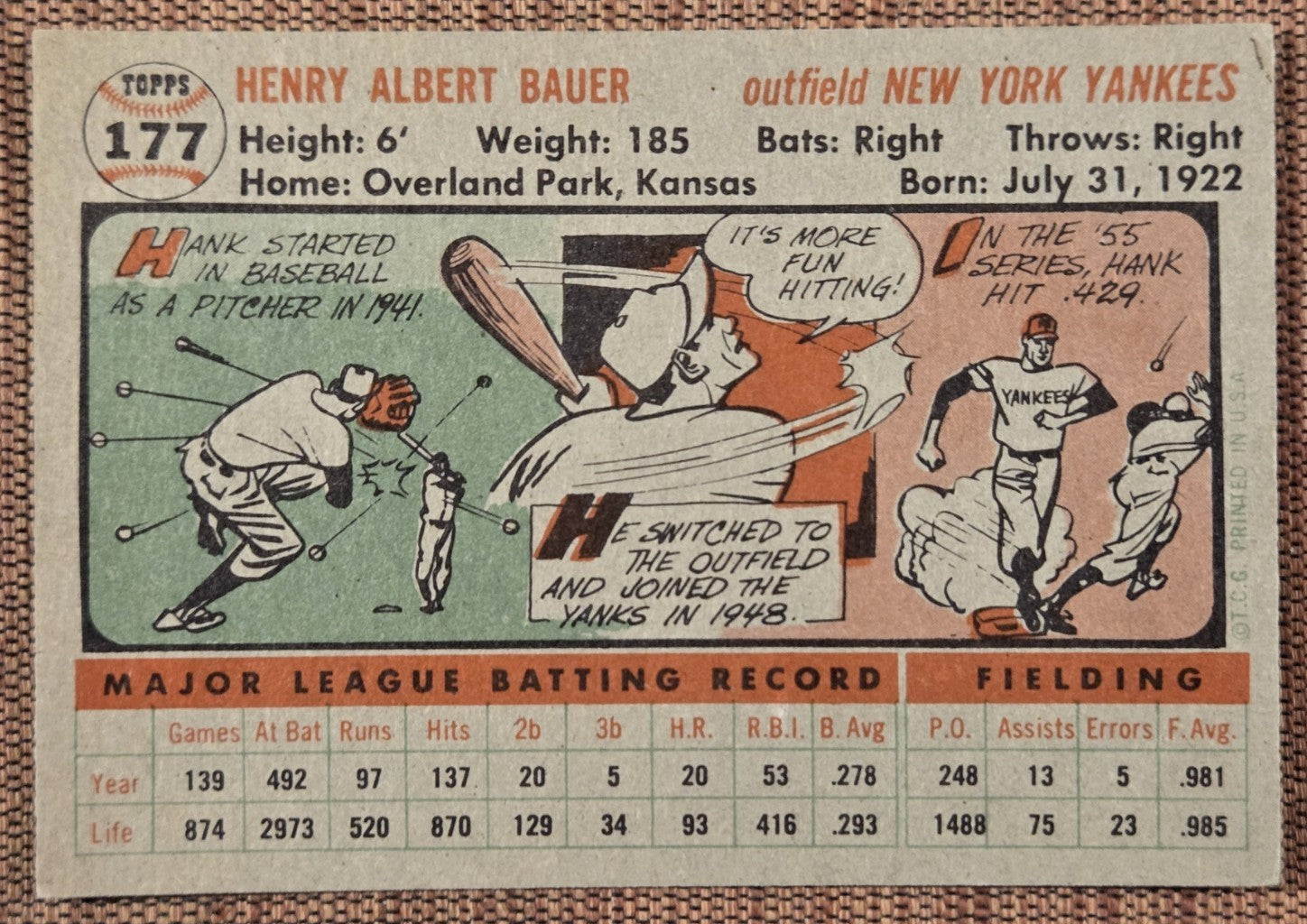 1956 Topps #177 Hank Bauer New York Yankees Authentic Original Baseball Card6