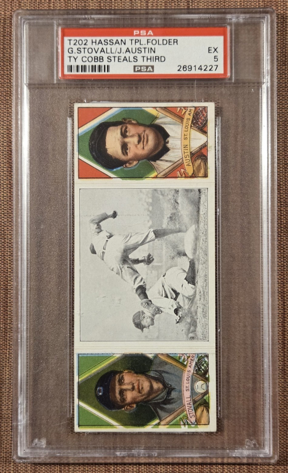 1912 Hassan Triple Folders Austin/Stovall Ty Cobb Steals 3rd Baseball Card PSA 50
