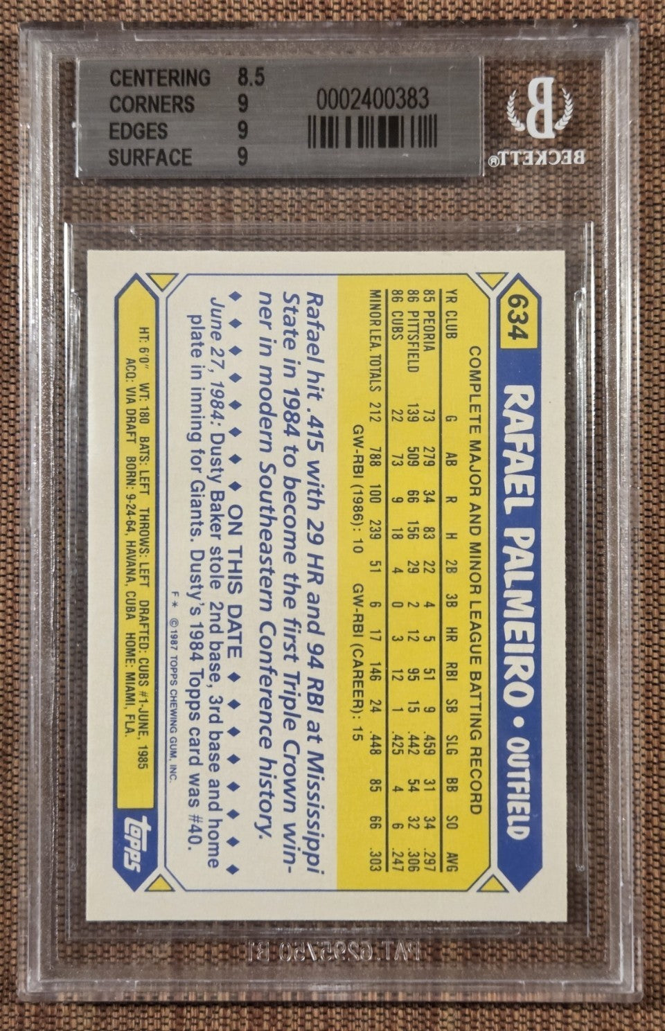 1987 Topps Tiffany #634 Rafael Palmeiro Cubs Rookie Baseball Card BGS 9 MINT RC1