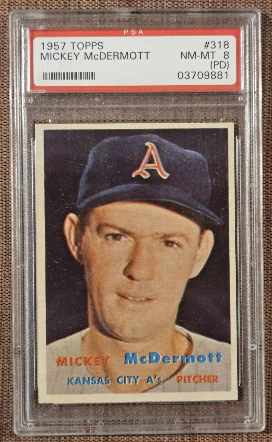 1957 Topps #318 Mickey McDermott Kansas City A's Original Baseball Card PSA 8 PD0