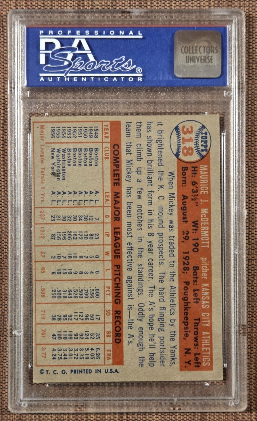1957 Topps #318 Mickey McDermott Kansas City A's Original Baseball Card PSA 8 PD1