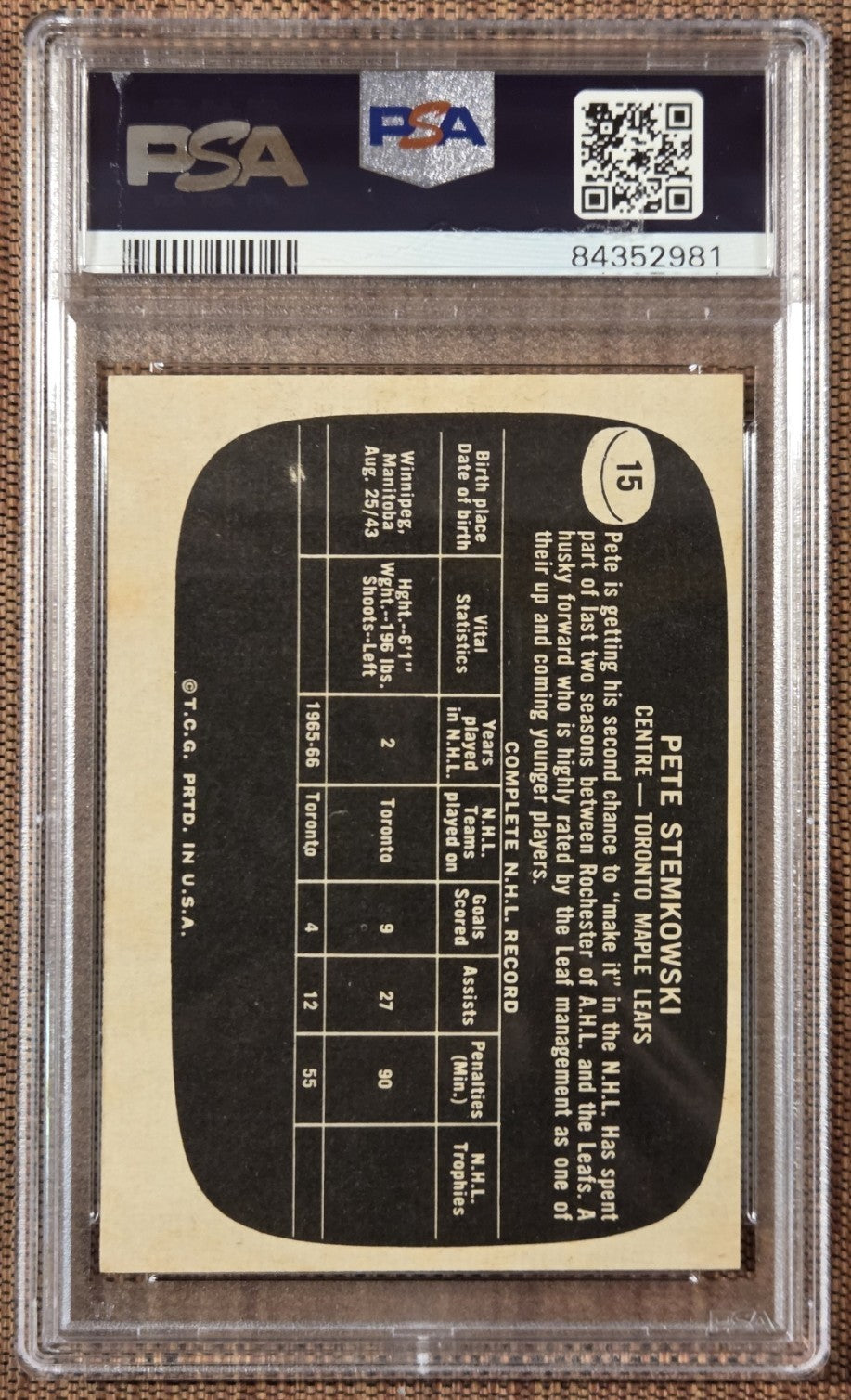 1966 Topps USA Test #15 Pete Stemkowski Toronto Maple Leafs Hockey Card PSA 9 OC1