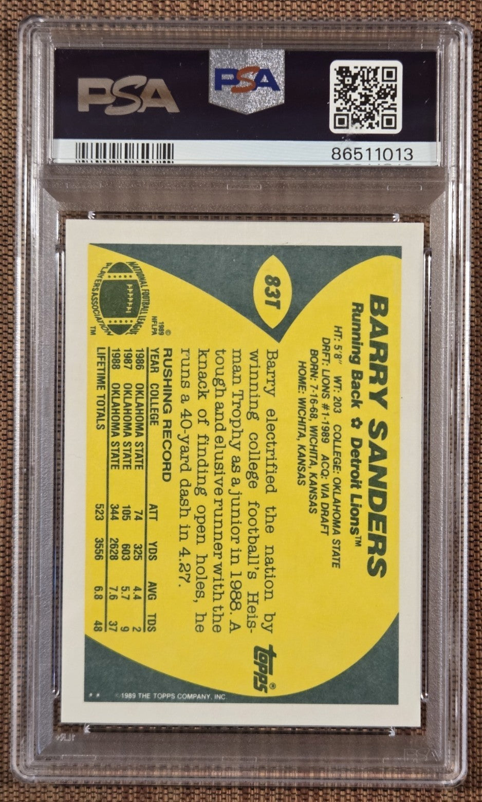 1989 Topps Traded #83T Barry Sanders Lions Football Card PSA 10 / DNA 10 AUTO RC1
