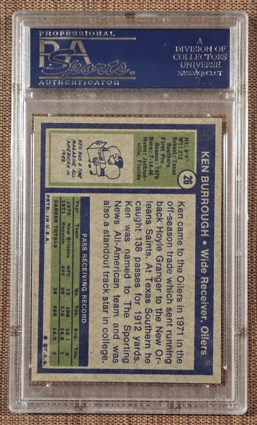 1972 Topps #26 Ken Burrough Houston Oilers Rookie Football Card PSA 8 NM/MT RC1