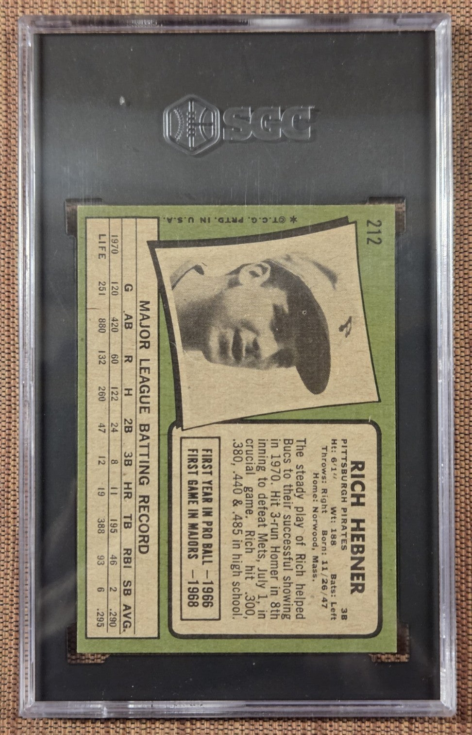 1971 Topps #212 Rich Hebner Pittsburgh Pirates Original Baseball Card SGC 8 NMMT1