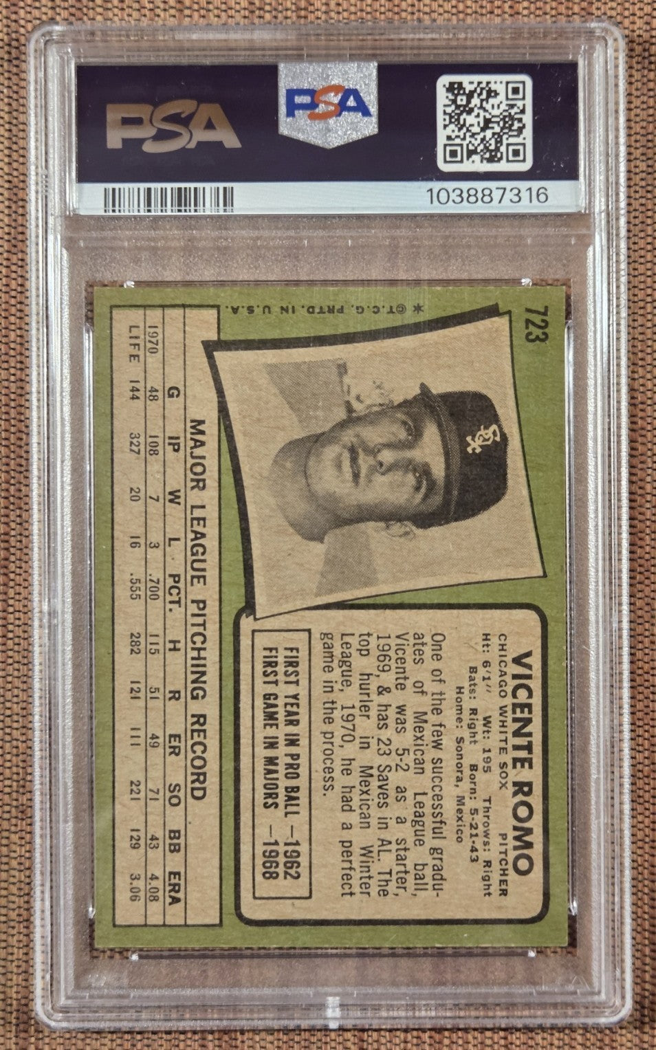 1971 Topps #723 Vicente Romo Chicago White Sox Original Baseball Card PSA 7 SP1