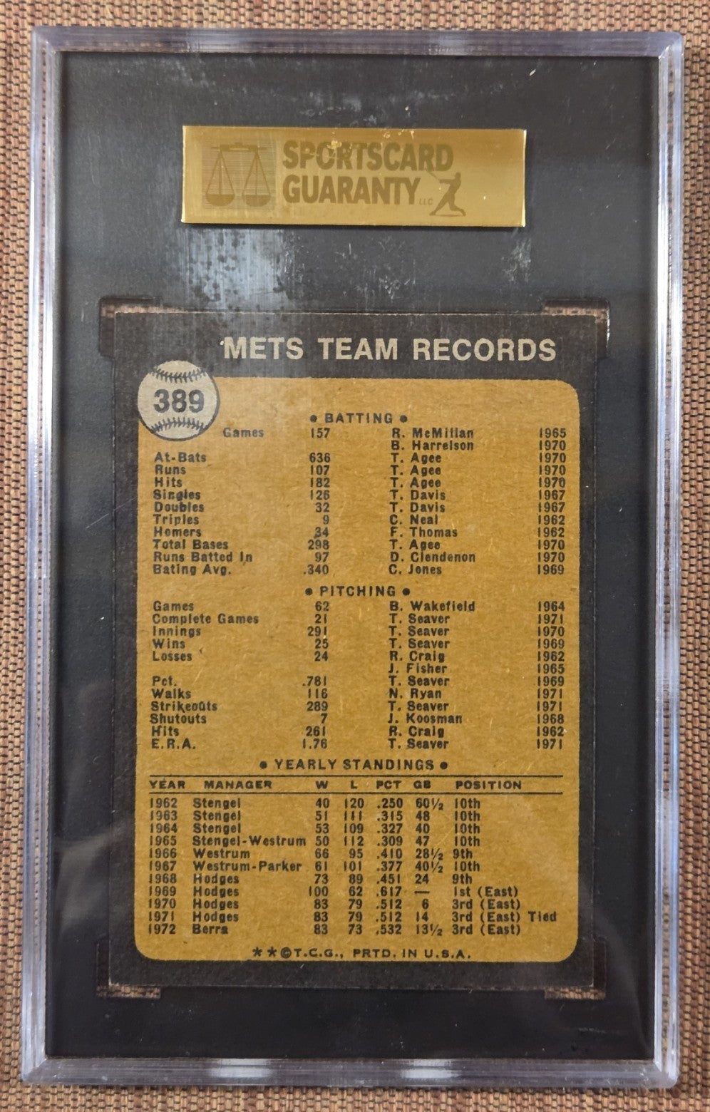 1973 Topps #389 New York Mets Baseball Card SGC 9 Mint Mays Fregosi Seaver Staub1