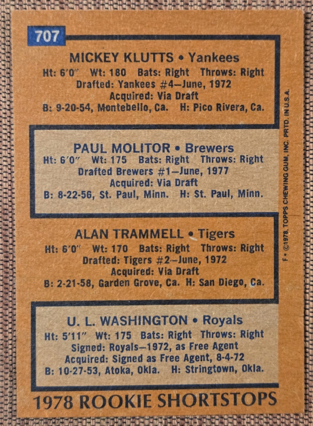1978 Topps #707 Paul Molitor Alan Trammel Brewers Rookie Baseball Card HOF RC4
