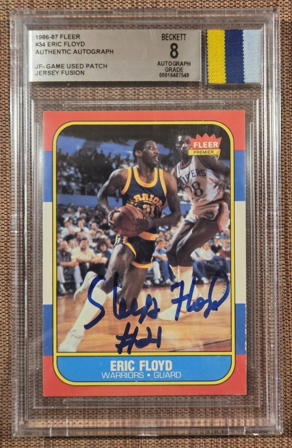 1986 Fleer #34 Eric Floyd Warriors Rookie Basketball Card BGS/BAS 8 AUTO JSY RC0