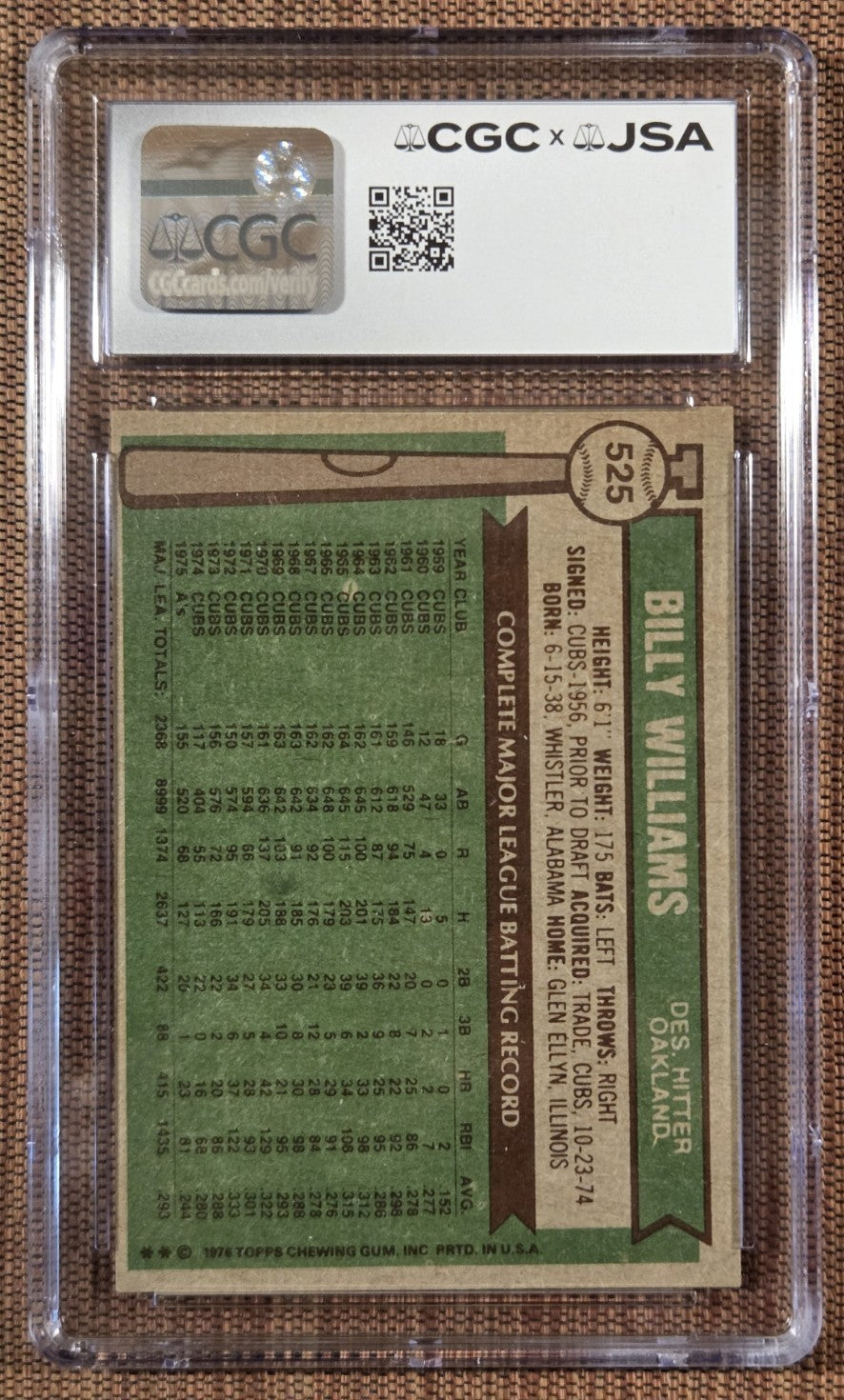 1976 Topps #525 Billy Williams Oakland A's Baseball Card CGC 7 / JSA 10 AUTO HOF1