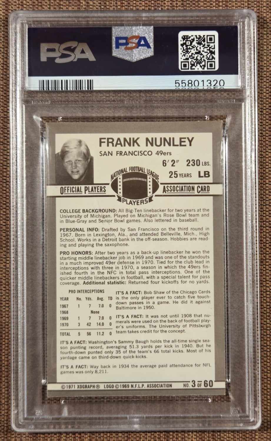 1971 Kellogg's #3 Frank Nunley San Francisco 49ers Football Card PSA 9 Mint RC1