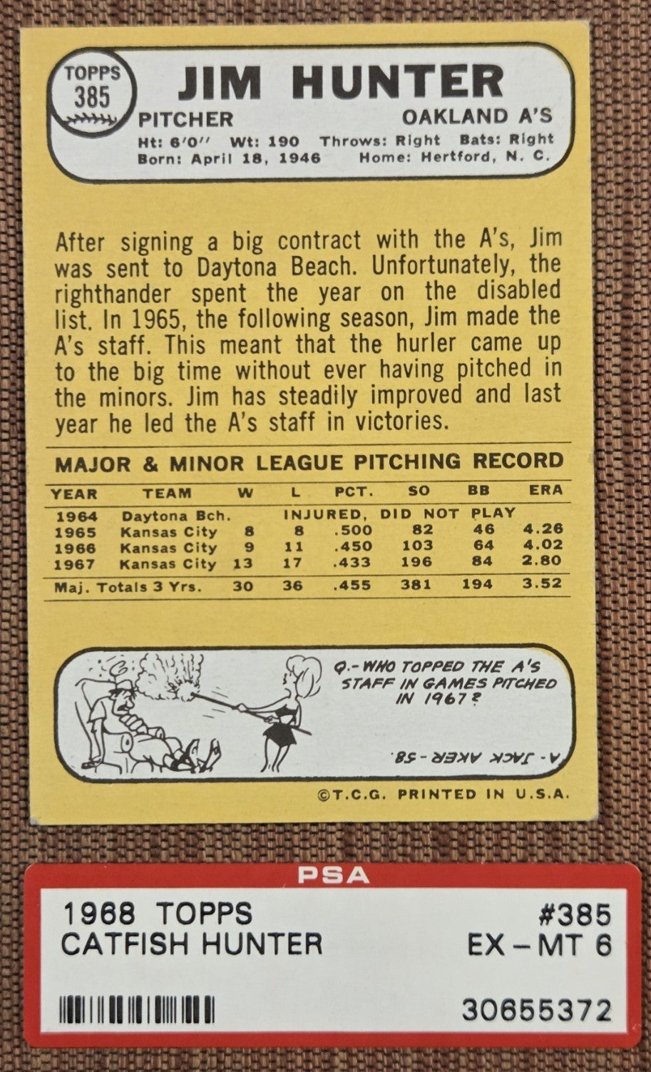 1968 Topps #385 Catfish Hunter Oakland A's PSA 6 cracked Baseball Card HOF5