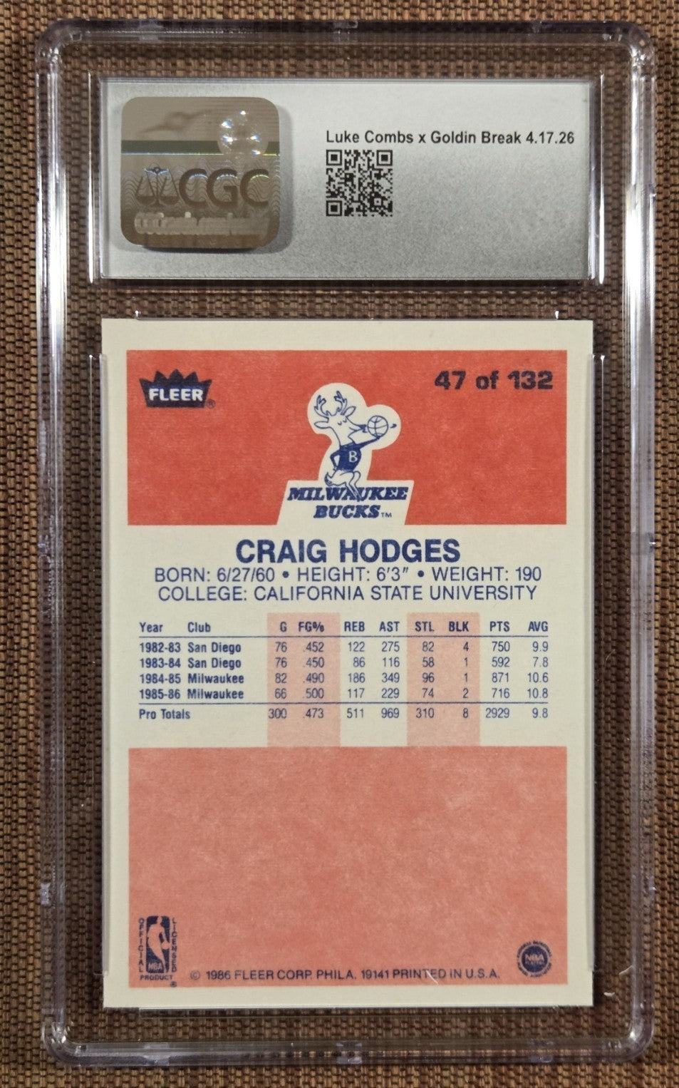 1986 Fleer #47 Craig Hodges Milwaukee Bucks Rookie Basketball Card CGC 7.5 RC1