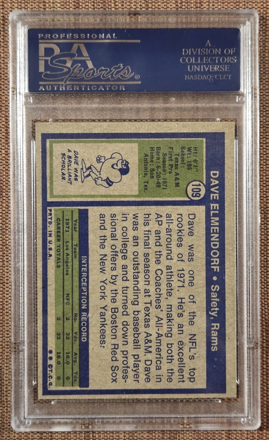 1972 Topps #109 Dave Elmendorf Los Angeles Rams Rookie Football Card PSA 8 RC1