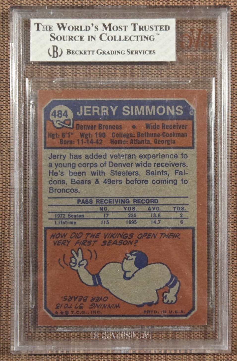 1973 Topps #484 Jerry Simmons Denver Broncos Original Football Card BVG 7.5 NM+1