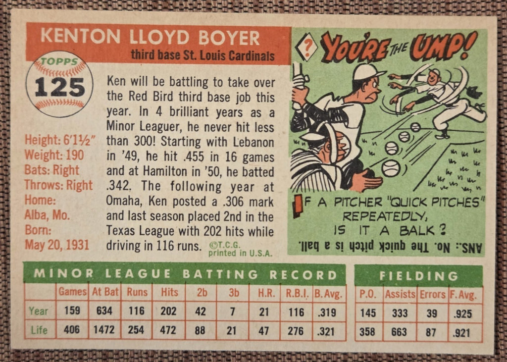 1955 Topps #125 Ken Boyer St. Louis Cardinals Original Rookie Baseball Card RC5
