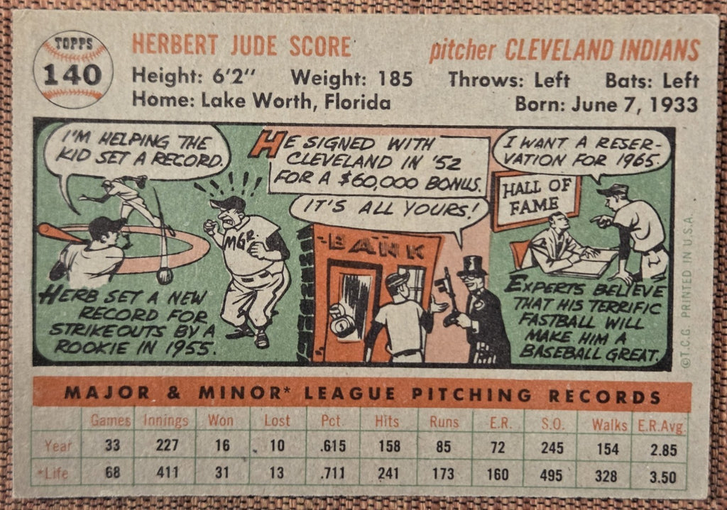 1956 Topps #140 Herb Score Cleveland Indians Original Rookie Baseball Card RC5